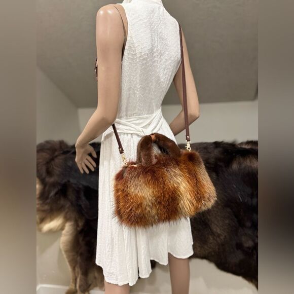 Brown Gradient Real Raccoon Fur & Fur Handles Satchel Bag/Crossbody - Picture 6 of 17
